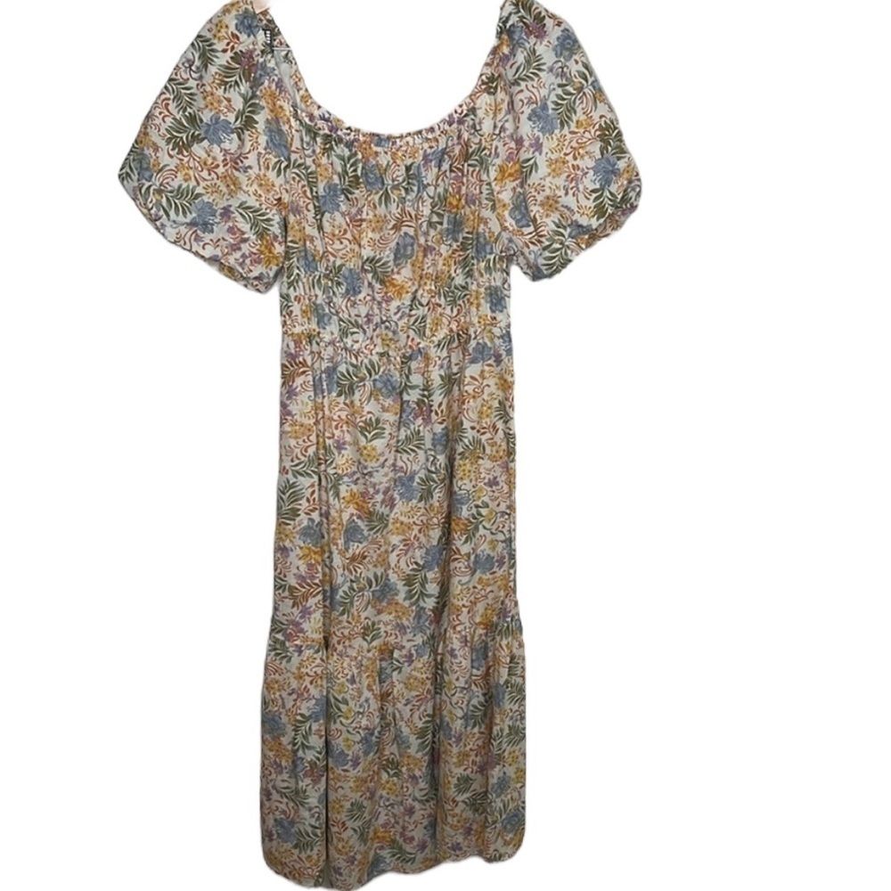 Japna Yellow Floral A-line Tiered Linen Maxi Dress Women's Size M